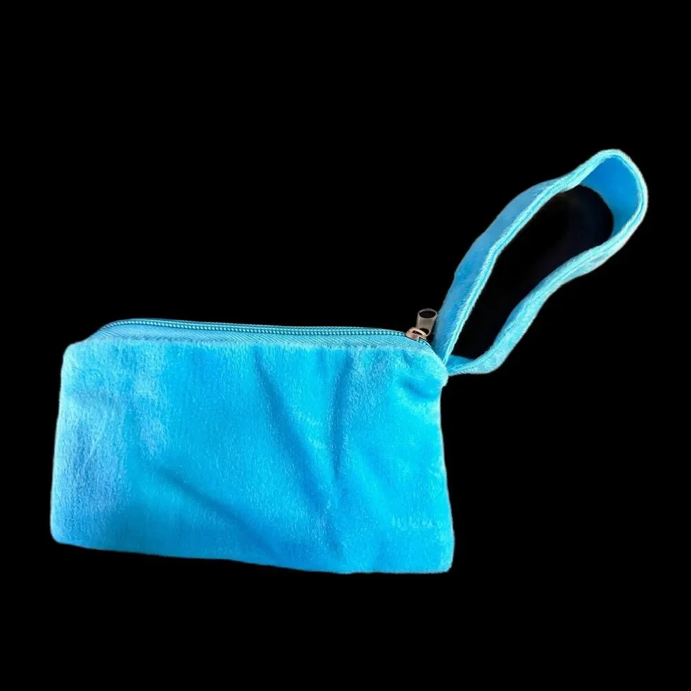 Vintage Y2k Heart with Angel Wings Blue Wristlet Embroidered Velour Mini Bag